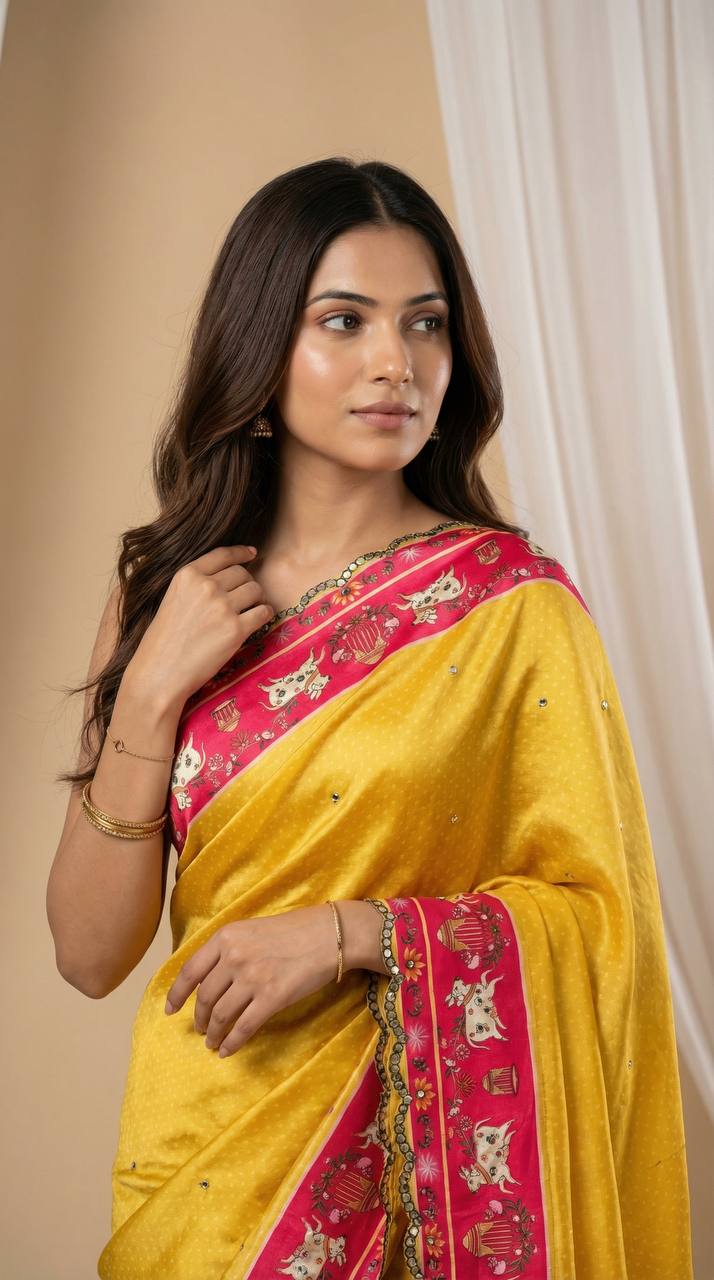 Mustard yellow chinon saree with pichwai print mirror work border