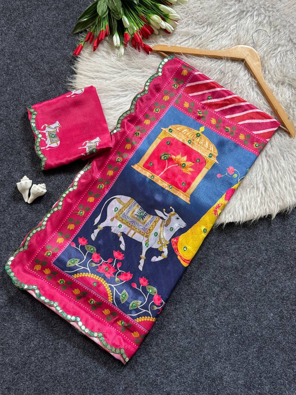 Red leheriya chinon saree with gopi kana print rich mirror work