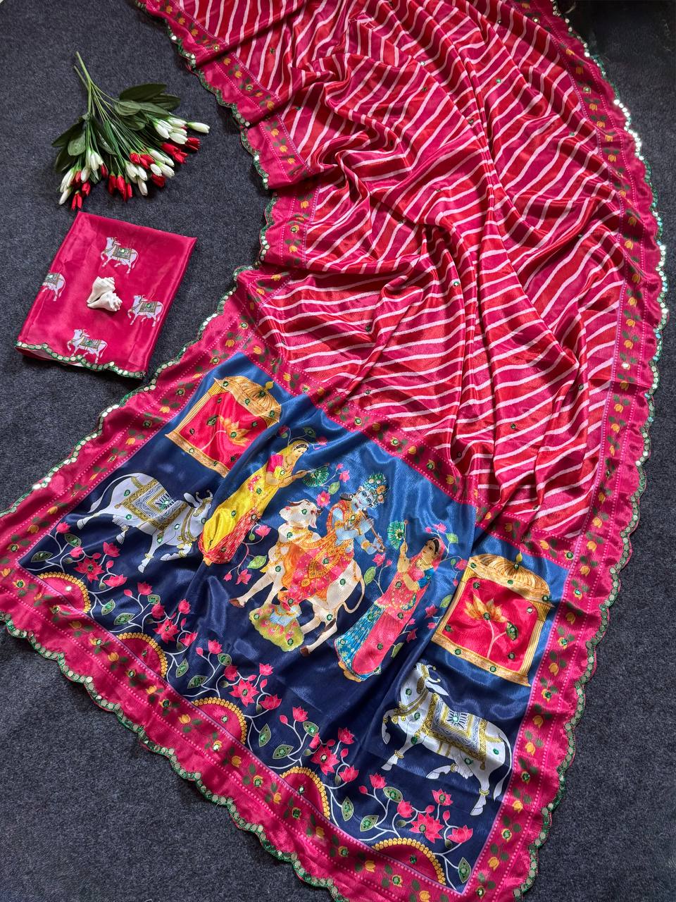 Red leheriya chinon saree with gopi kana print rich mirror work