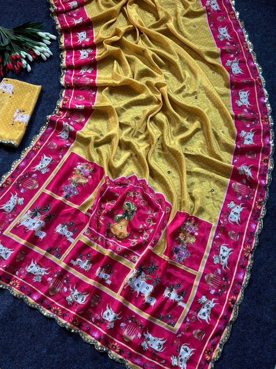 Mustard yellow chinon saree with pichwai print mirror work border