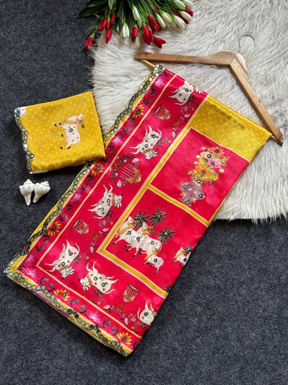 Mustard yellow chinon saree with pichwai print mirror work border