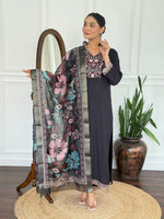 image, Women Black Embroidered Kurta Set with Floral Organza Dupatta