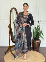 image, Women Black Embroidered Kurta Set with Floral Organza Dupatta