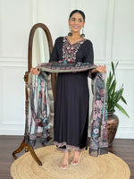 image, Women Black Embroidered Kurta Set with Floral Organza Dupatta