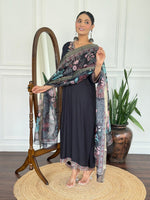 image, Women Black Embroidered Kurta Set with Floral Organza Dupatta