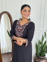 image, Women Black Embroidered Kurta Set with Floral Organza Dupatta
