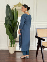 Women Teal Blue Embroidered Kurta Set with Floral Organza Dupatta