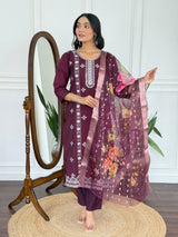 Women Wine Embroidered Kurta Set with Floral Organza Dupatta
