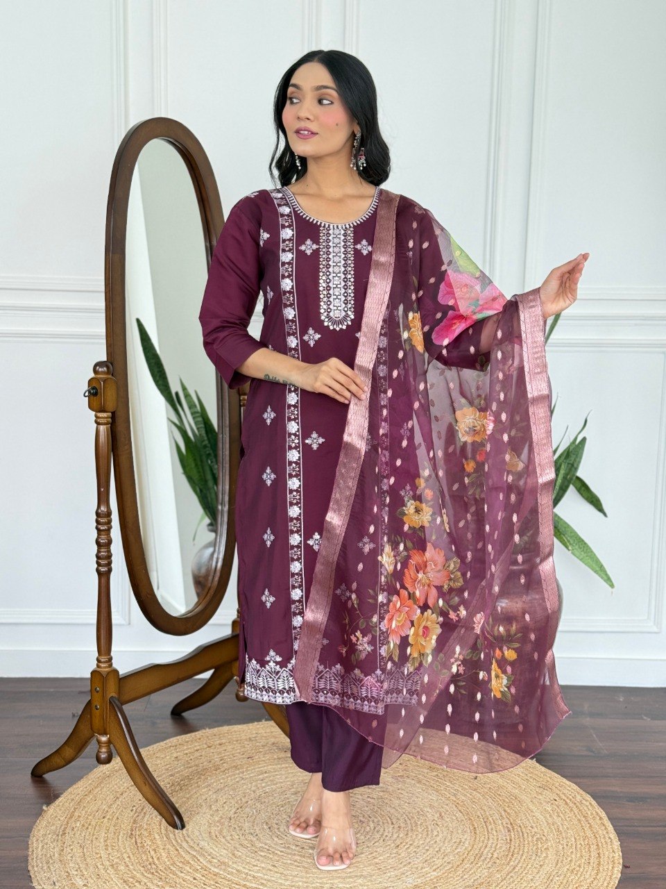 Women Wine Embroidered Kurta Set with Floral Organza Dupatta