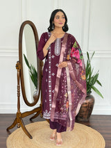 Women Wine Embroidered Kurta Set with Floral Organza Dupatta