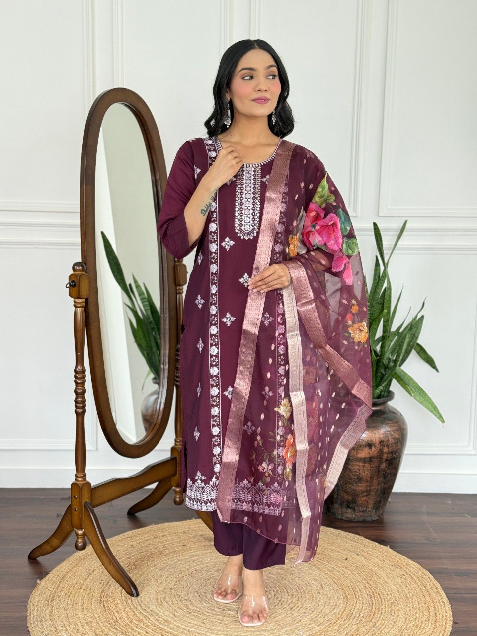 Women Wine Embroidered Kurta Set with Floral Organza Dupatta
