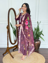 Women Wine Embroidered Kurta Set with Floral Organza Dupatta