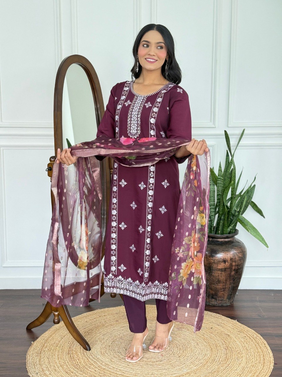 Women Wine Embroidered Kurta Set with Floral Organza Dupatta