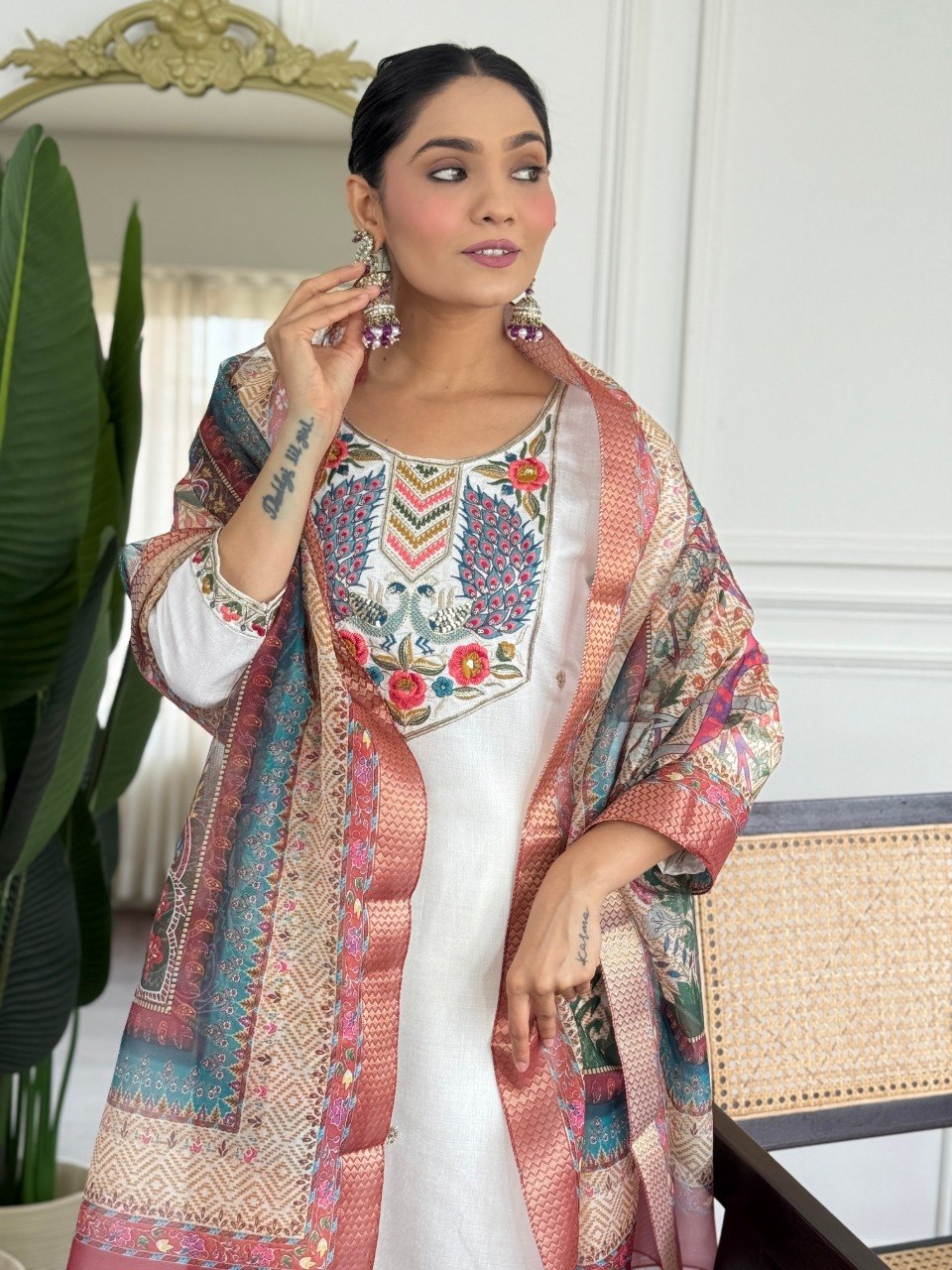 Women Off White Embroidered Kurta Set with Printed Dupatta