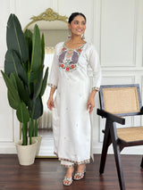 Women Off White Embroidered Kurta Set with Printed Dupatta
