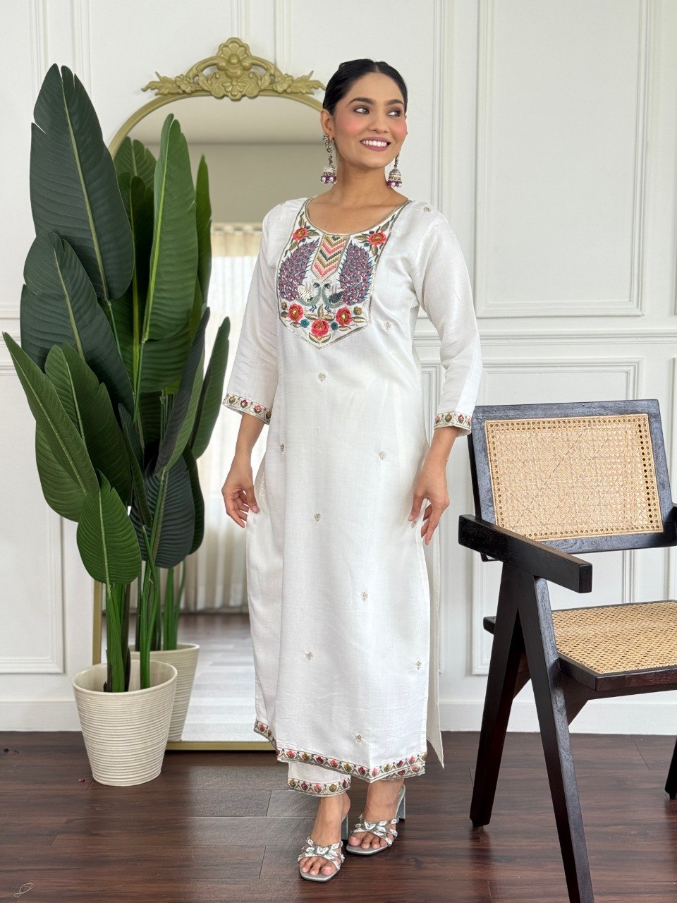Women Off White Embroidered Kurta Set with Printed Dupatta