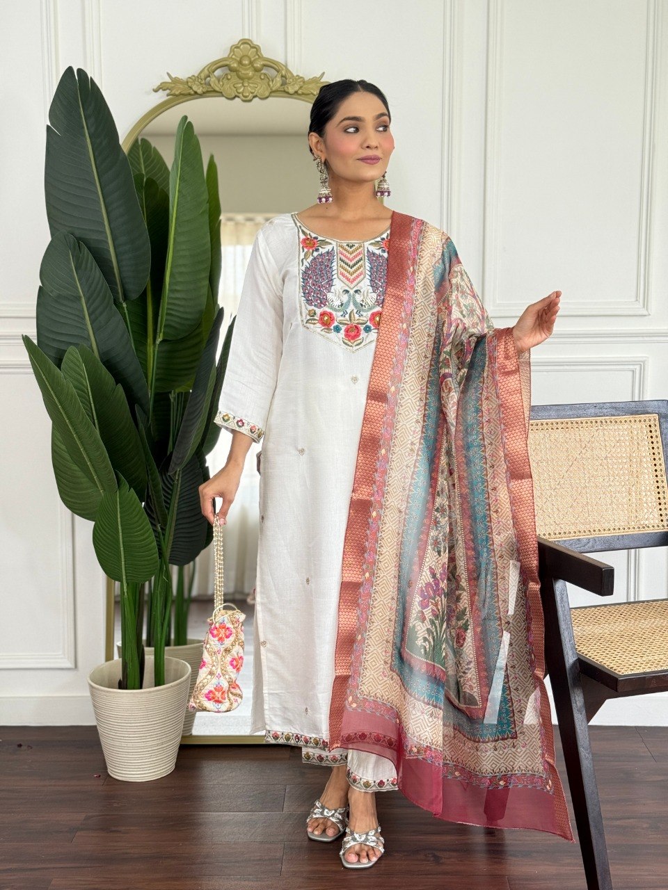 Women Off White Embroidered Kurta Set with Printed Dupatta
