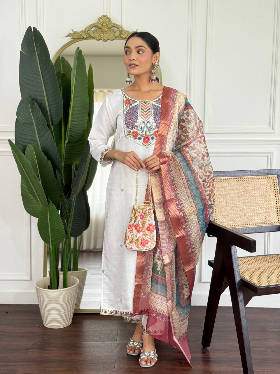 Women Off White Embroidered Kurta Set with Printed Dupatta