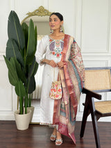 Women Off White Embroidered Kurta Set with Printed Dupatta