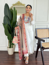 Women Off White Embroidered Kurta Set with Printed Dupatta