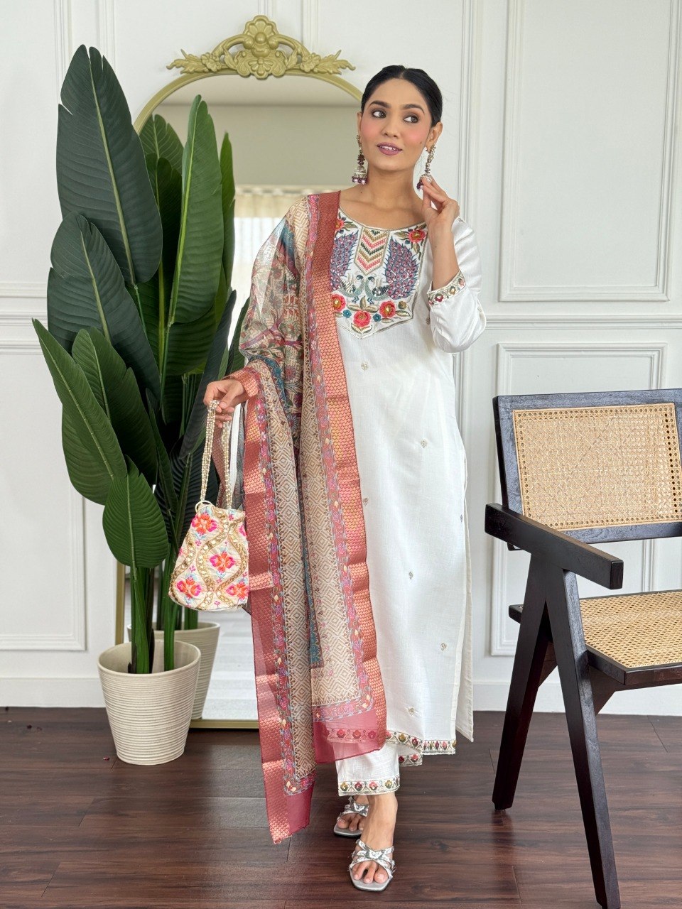 Women Off White Embroidered Kurta Set with Printed Dupatta