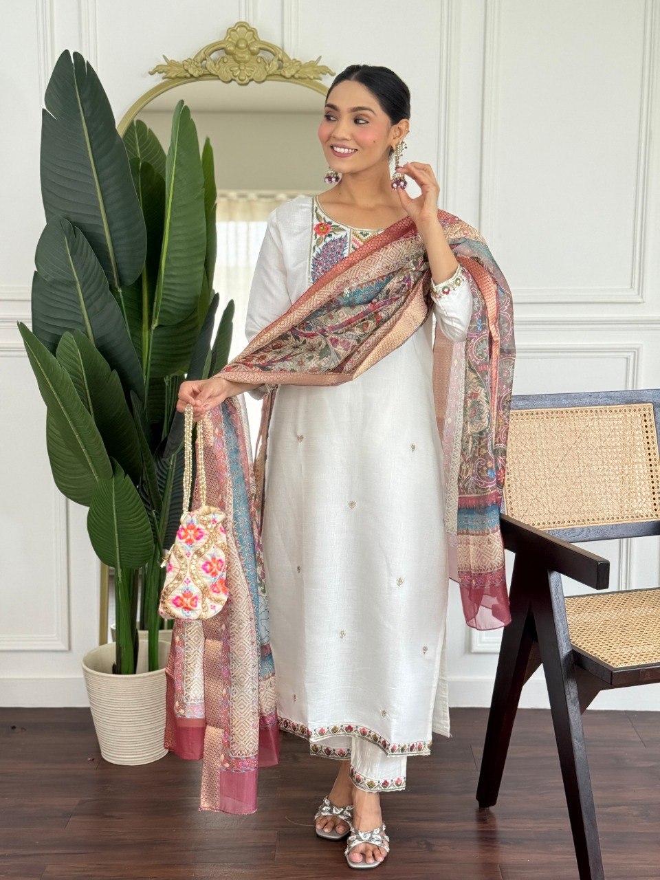Women Off White Embroidered Kurta Set with Printed Dupatta