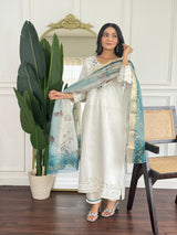 Women Off White Embroidered Kurta Set with Floral Organza Dupatta