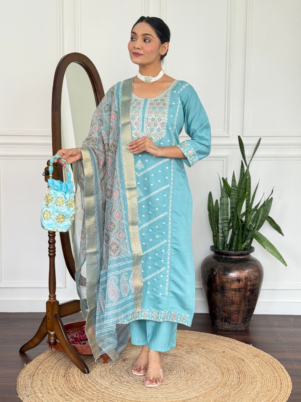 Women Teal Blue Embroidered Kurta Set with Printed Dupatta