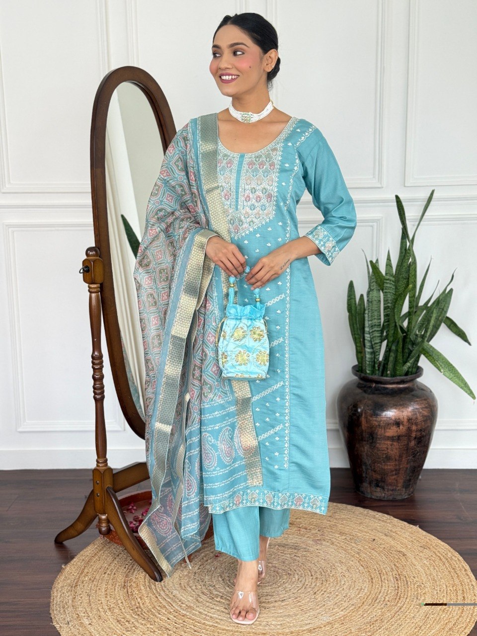 Women Teal Blue Embroidered Kurta Set with Printed Dupatta