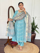 Women Teal Blue Embroidered Kurta Set with Printed Dupatta
