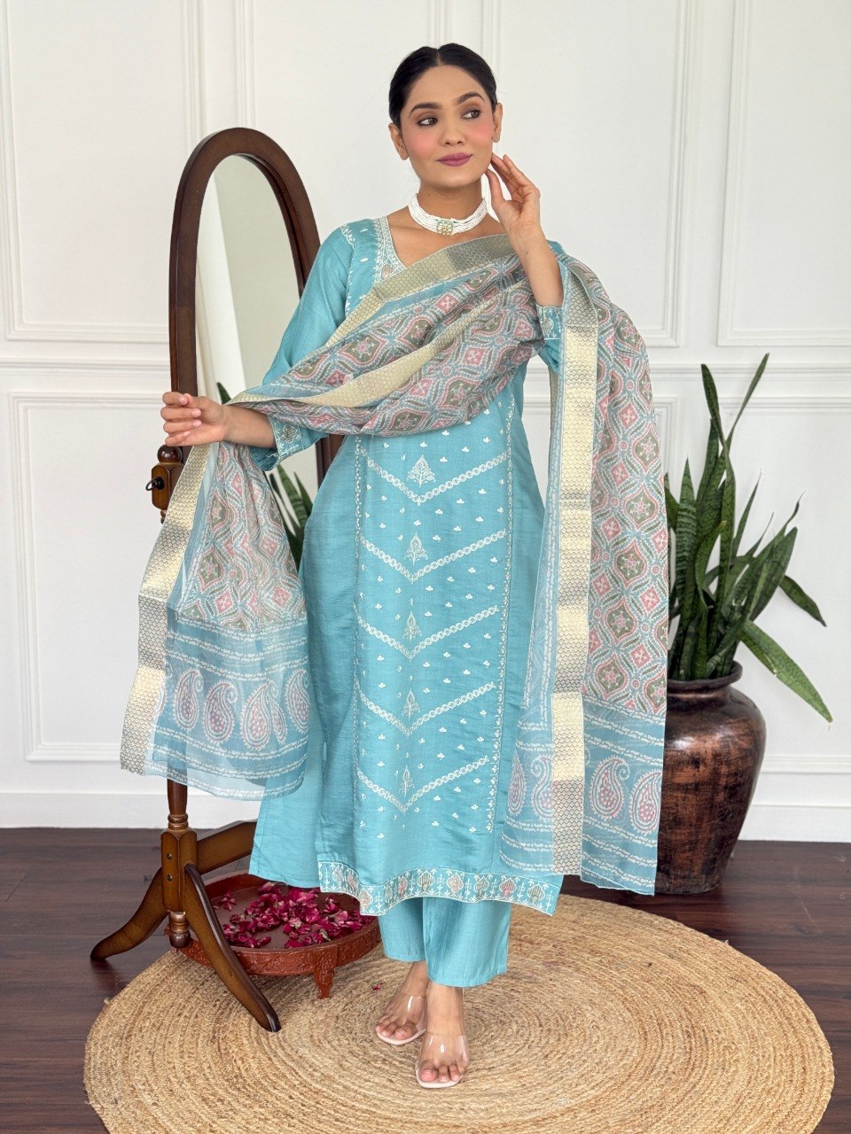 Women Teal Blue Embroidered Kurta Set with Printed Dupatta