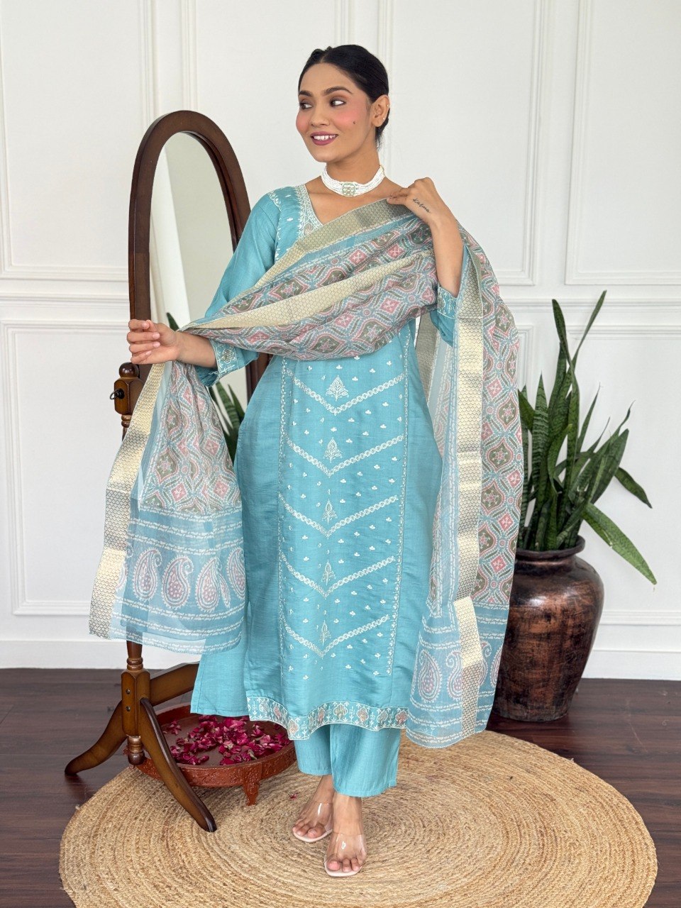 Women Teal Blue Embroidered Kurta Set with Printed Dupatta