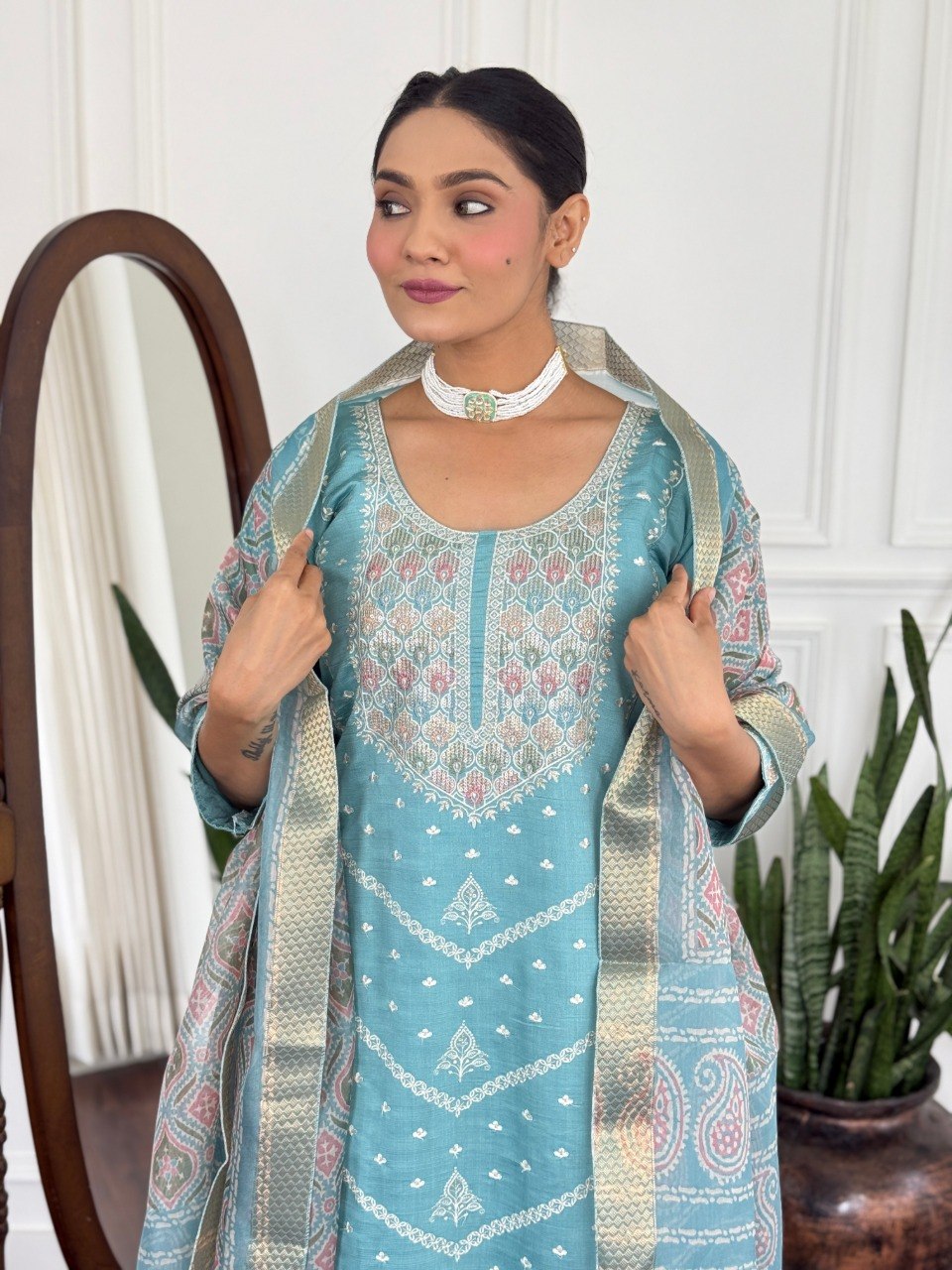 Women Teal Blue Embroidered Kurta Set with Printed Dupatta
