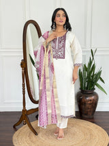 Women Off White Embroidered Kurta Set with Printed Dupatta