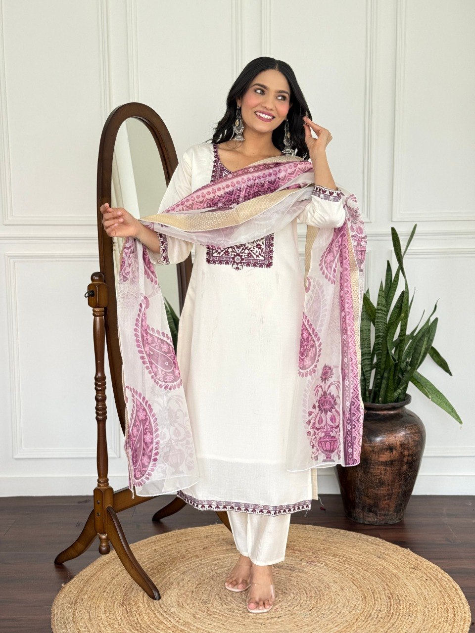 Women Off White Embroidered Kurta Set with Printed Dupatta