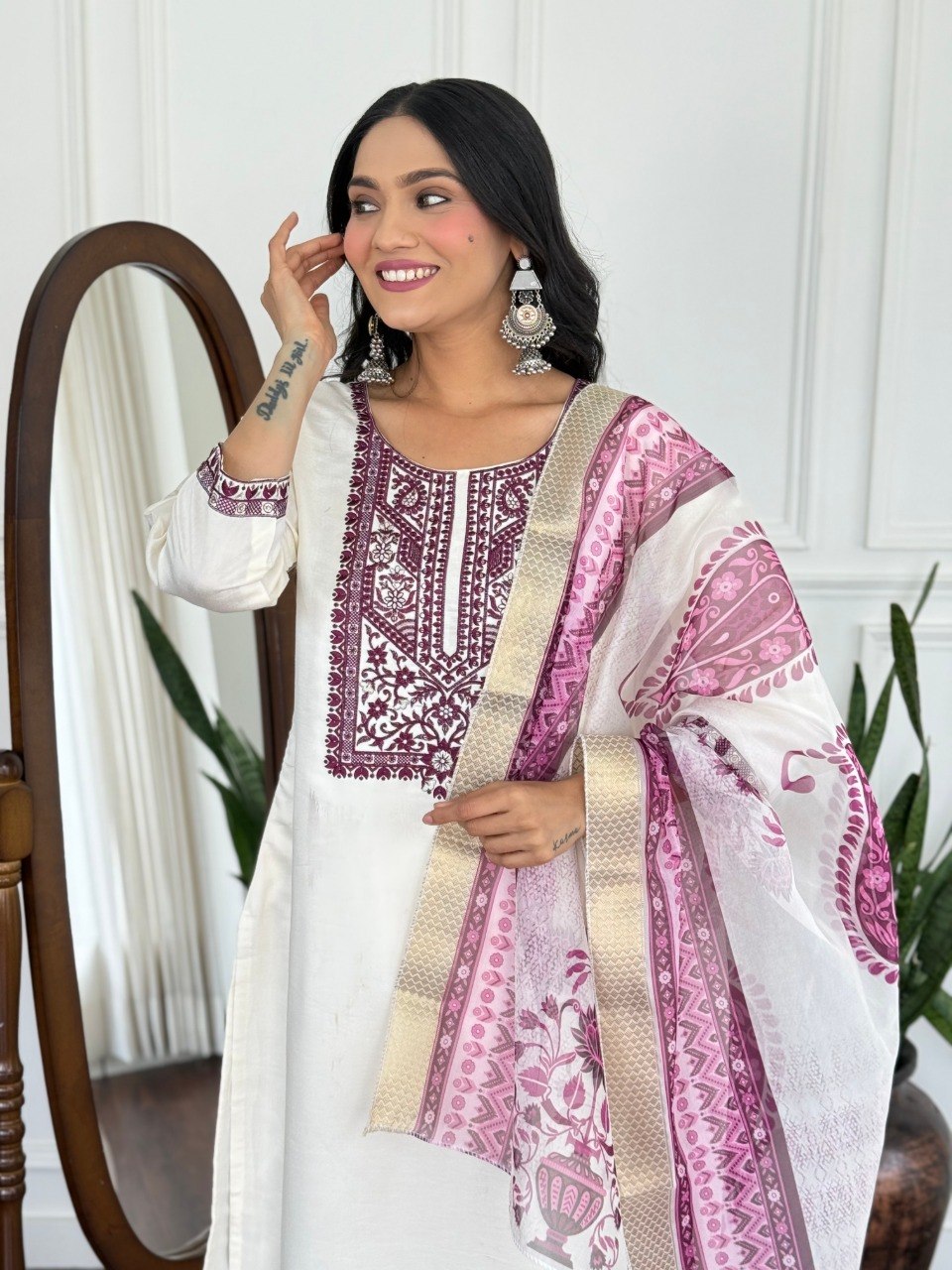 Women Off White Embroidered Kurta Set with Printed Dupatta