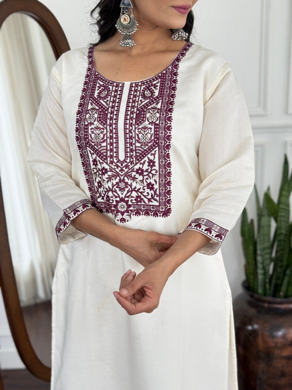Women Off White Embroidered Kurta Set with Printed Dupatta