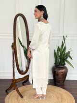Women Off White Embroidered Kurta Set with Printed Dupatta