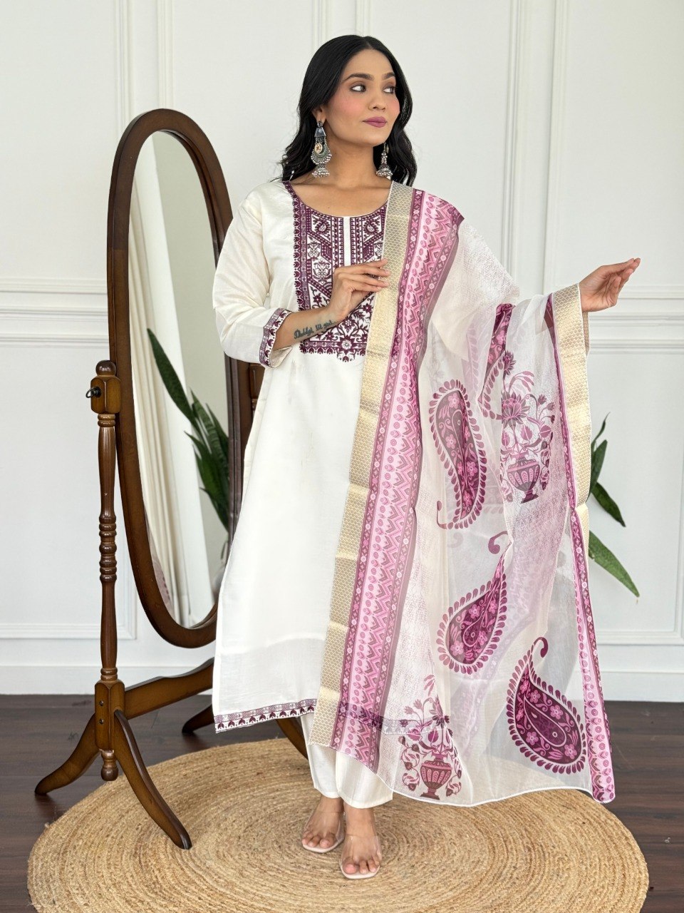 Women Off White Embroidered Kurta Set with Printed Dupatta