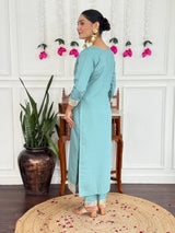 Women Sky Blue Color Embroidered Kurta Set with Dupatta