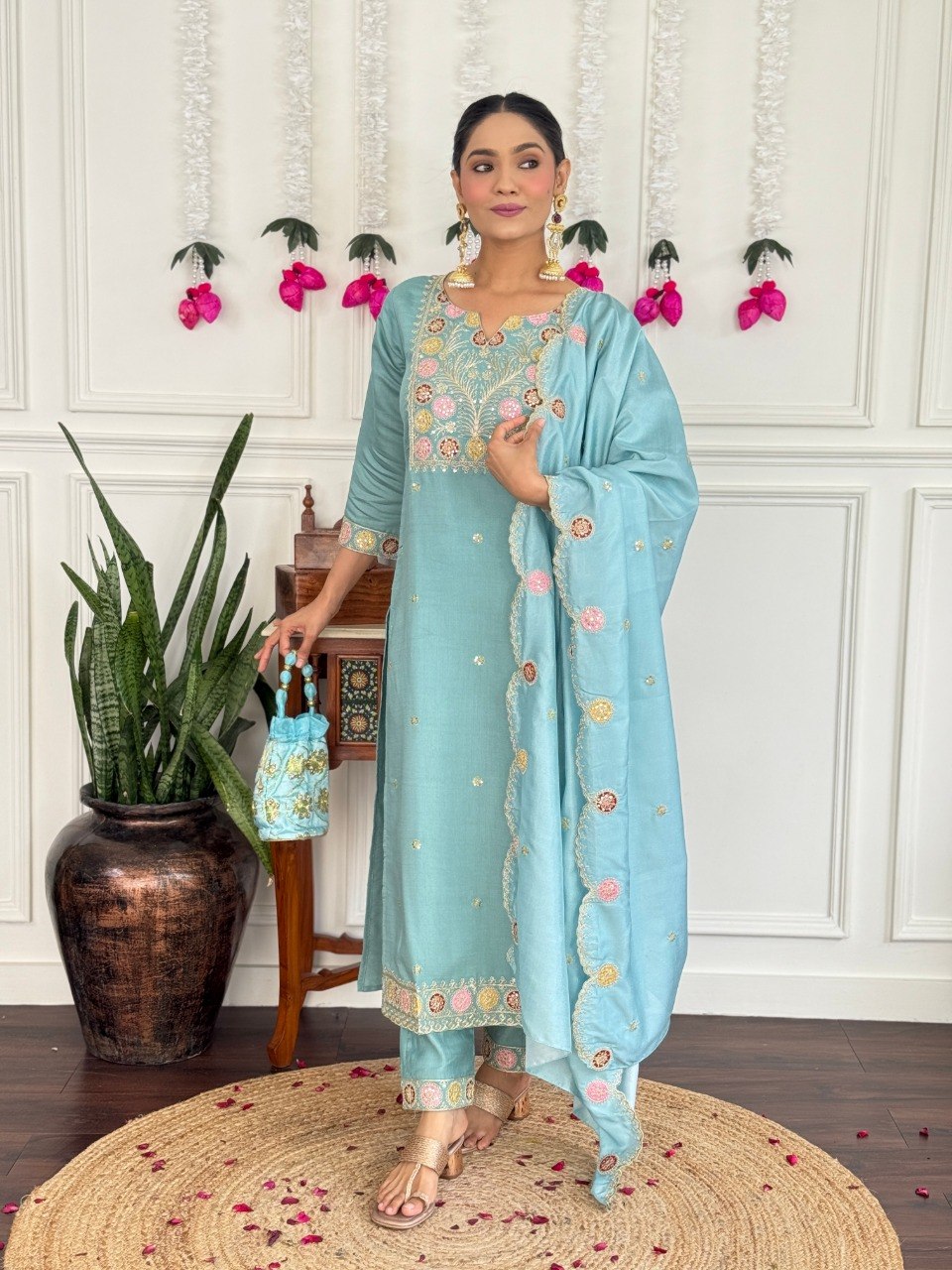 Women Sky Blue Color Embroidered Kurta Set with Dupatta