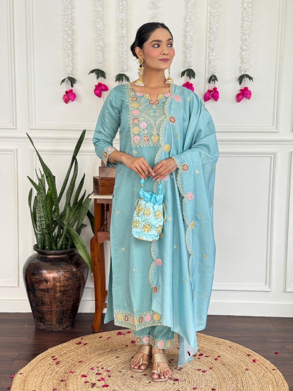 Women Sky Blue Color Embroidered Kurta Set with Dupatta