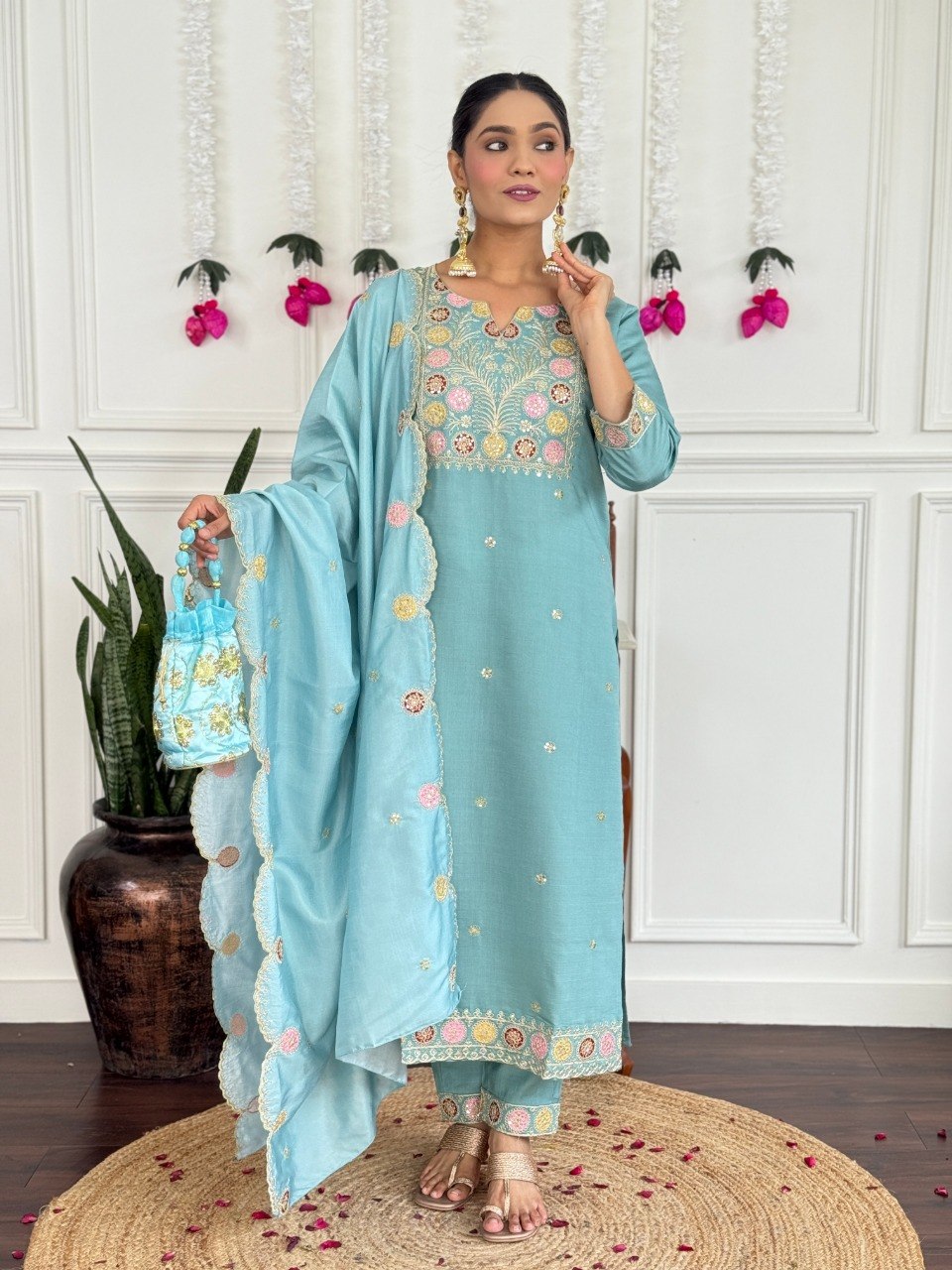 Women Sky Blue Color Embroidered Kurta Set with Dupatta
