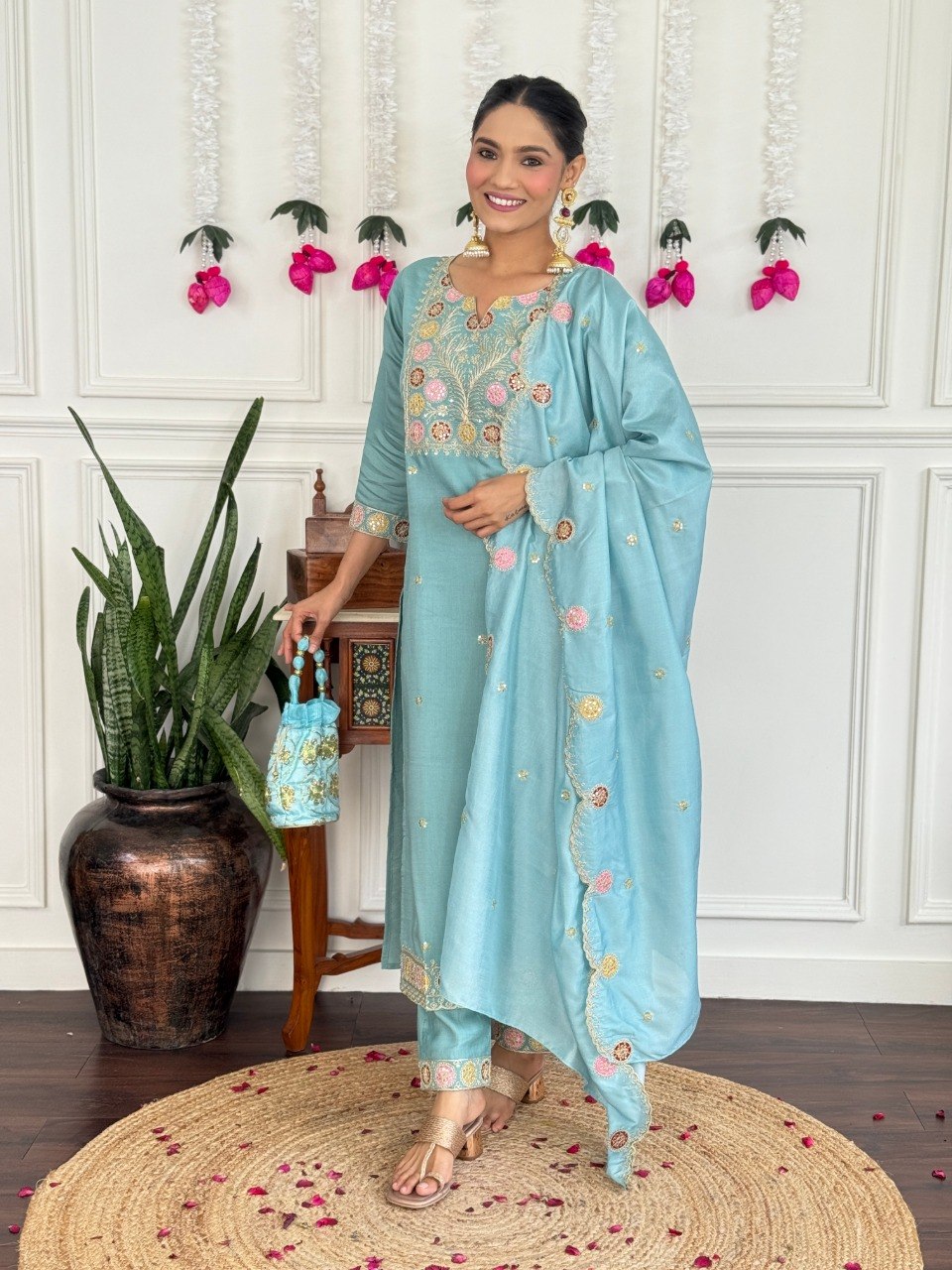 Women Sky Blue Color Embroidered Kurta Set with Dupatta