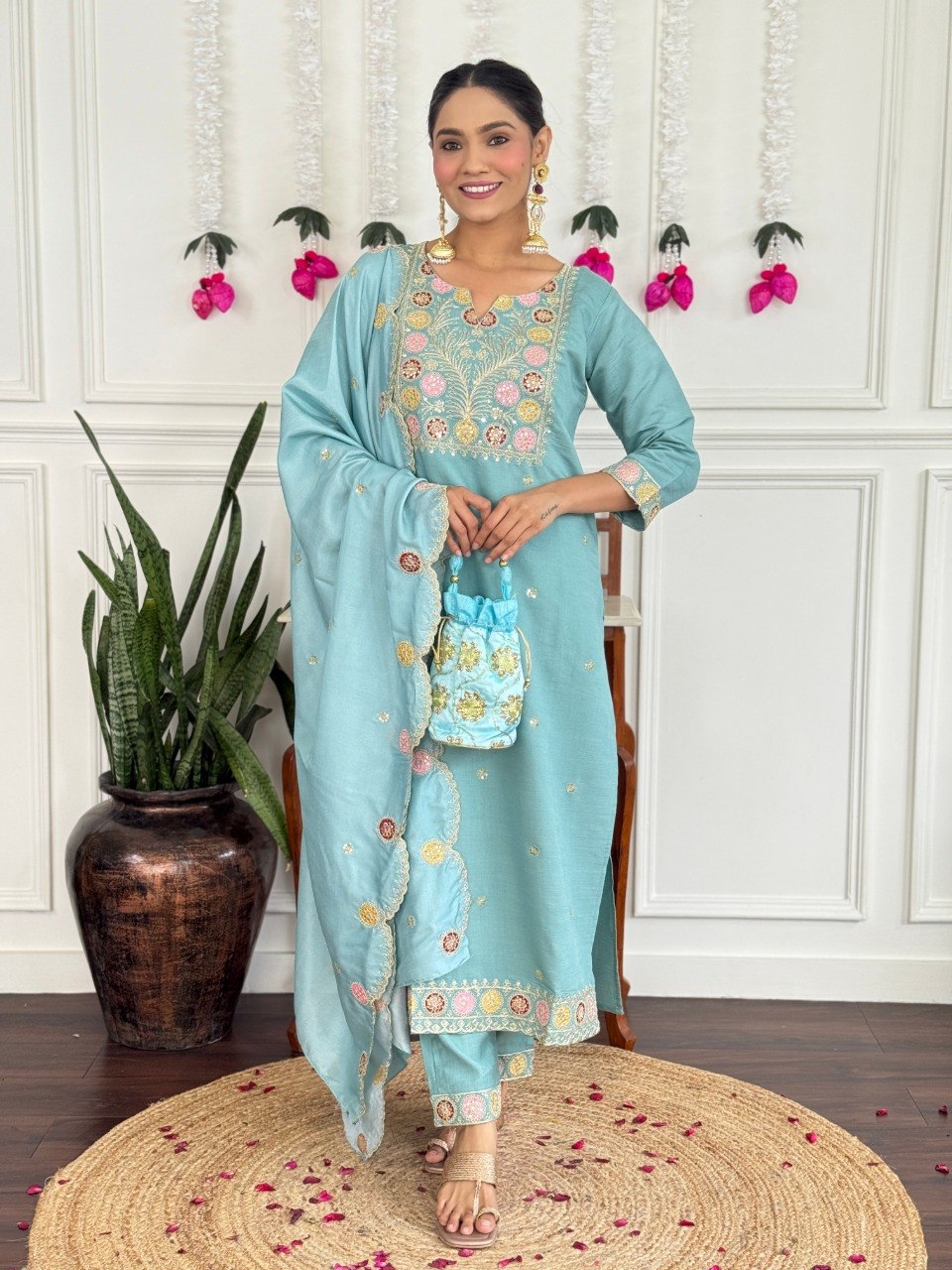 Women Sky Blue Color Embroidered Kurta Set with Dupatta