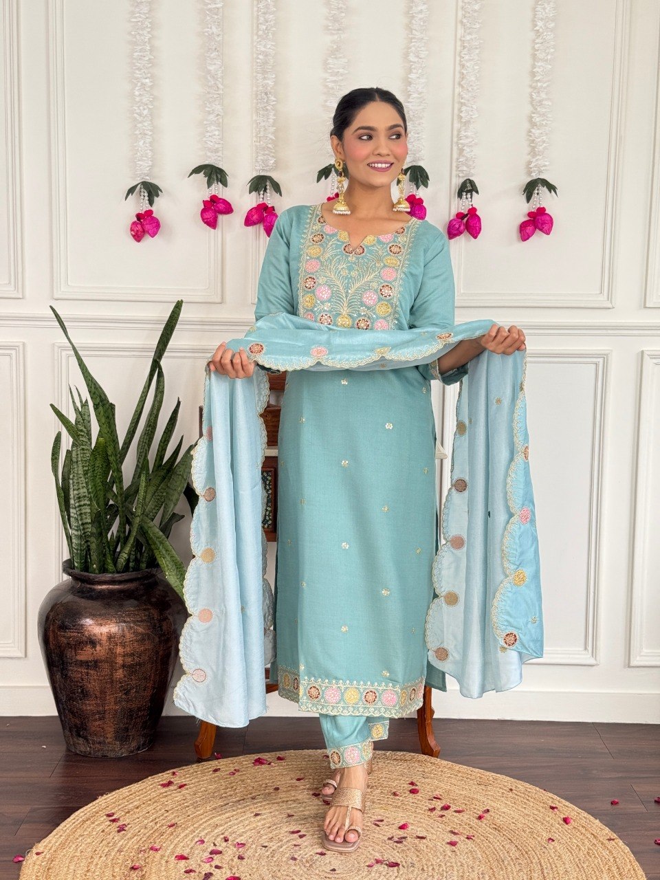 Women Sky Blue Color Embroidered Kurta Set with Dupatta