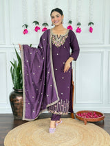 Women Purple Embroidered Kurta Set with Dupatta
