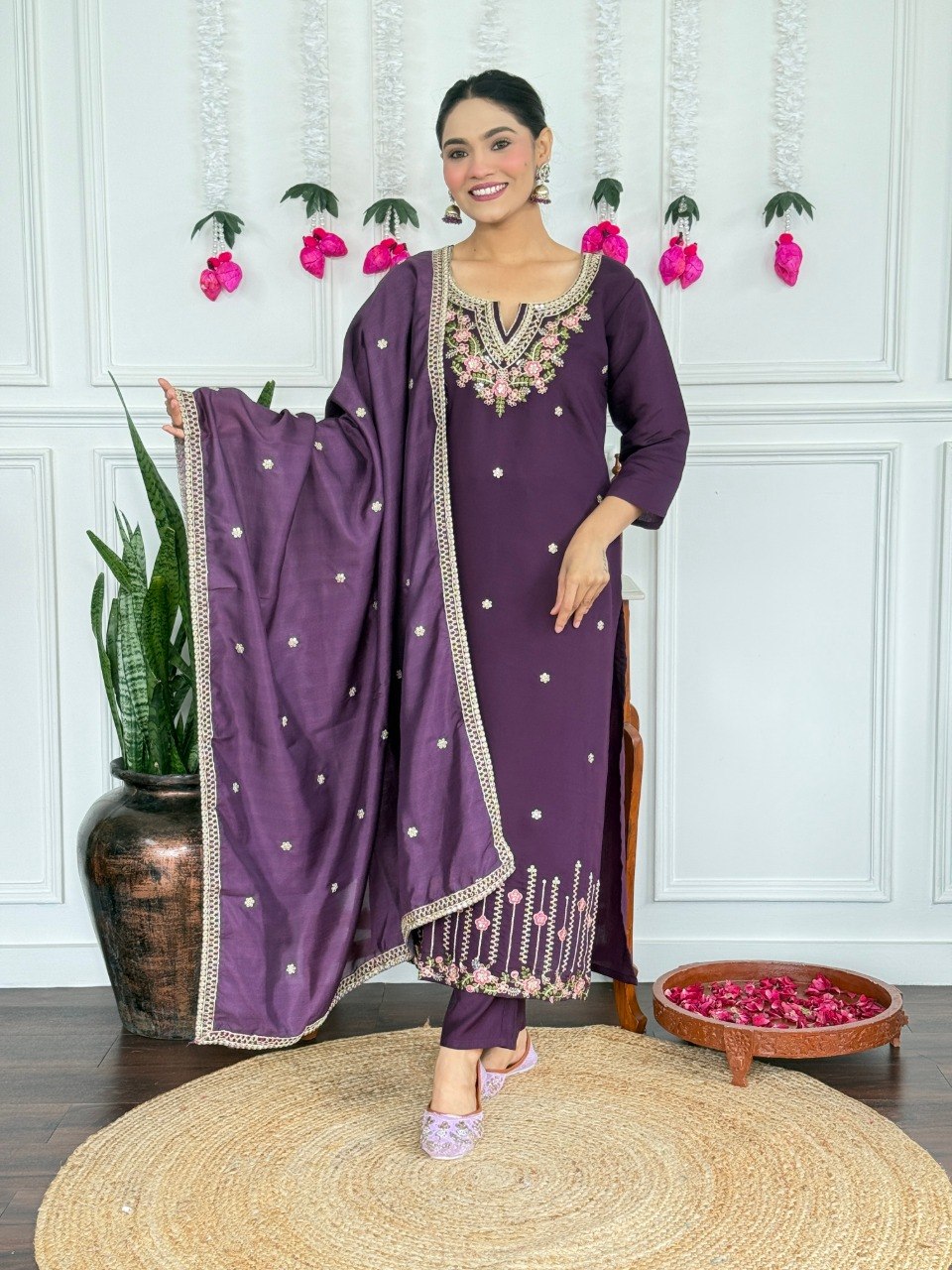 Women Purple Embroidered Kurta Set with Dupatta