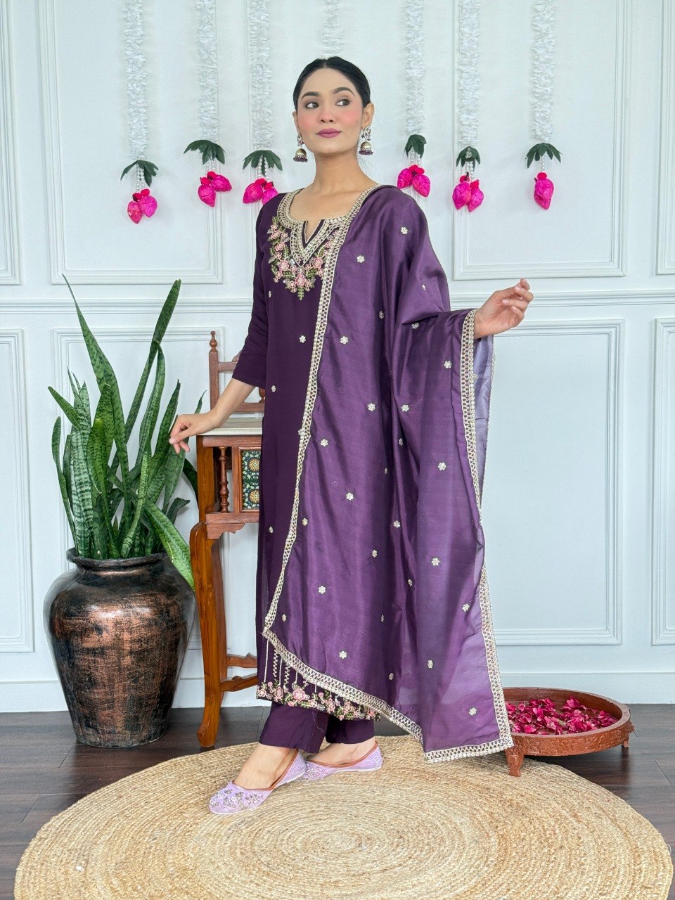 Women Purple Embroidered Kurta Set with Dupatta