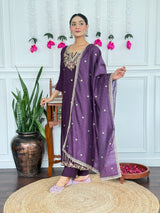 Women Purple Embroidered Kurta Set with Dupatta